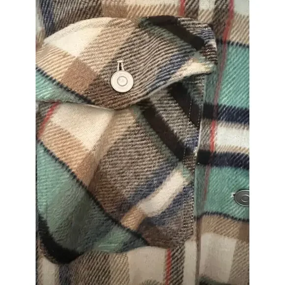 Zara Women's Large Button Down Shirt Check Plaid Beige Green Oversized Jacket - Picture 4 of 8